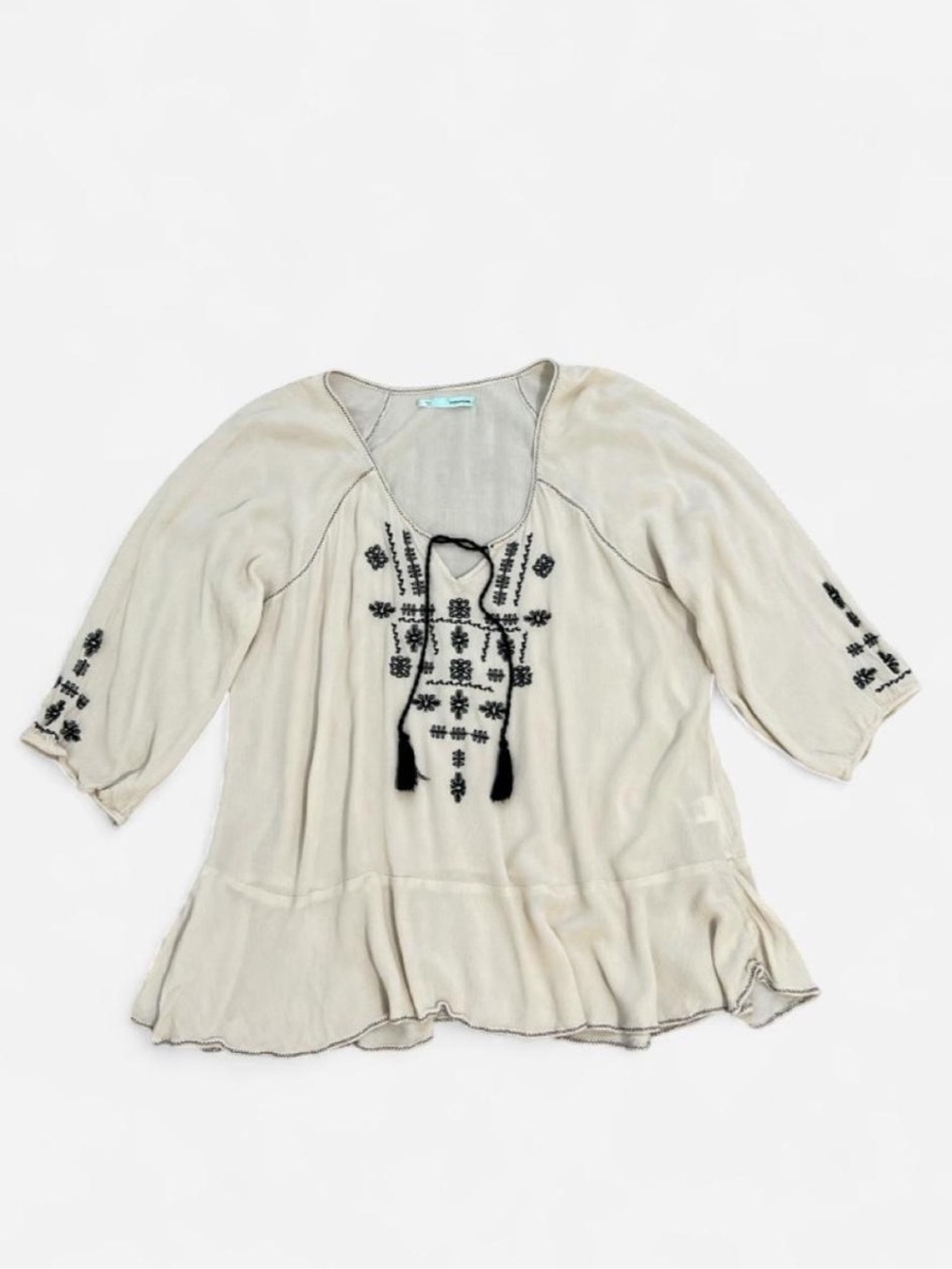 Boho Embroidered Peasant Top in Cream with Black Accents - Picture 5 of 8